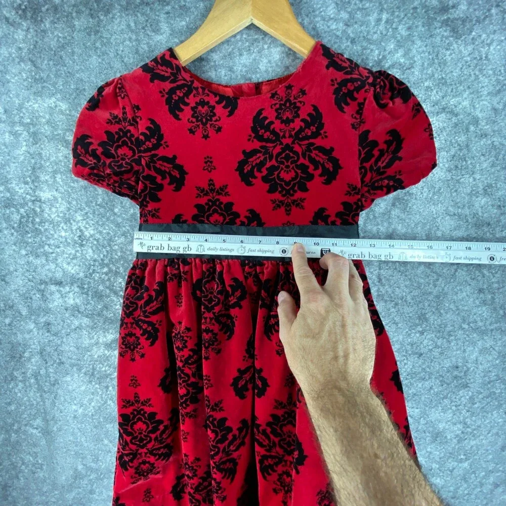 Hartstrings Dress Girls 7 Red Black Velvet Palampore Floral Ribbon Cotton Party